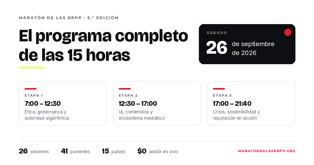 Resumen gráfico del programa de la Maratón de las RRPP 2026: sábado 26 de septiembre, tres etapas —de 7:00 a 12:30, de 12:30 a 17:00 y de 17:00 a 21:40— con 26 sesiones, 41 ponentes y 15 países