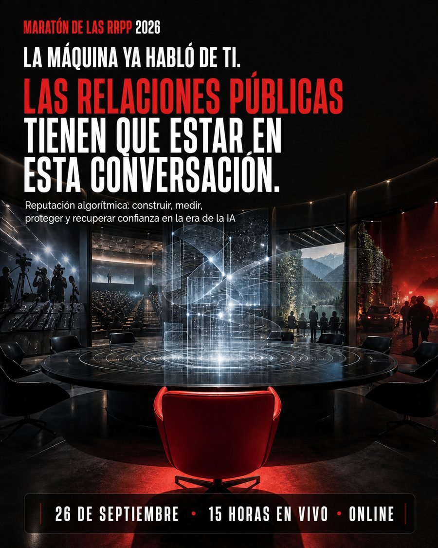 La máquina ya habló de ti. Las relaciones públicas tienen que estar en esta conversación. Reputación algorítmica: construir, medir, proteger y recuperar confianza en la era de la IA. 26 de septiembre, 15 horas en vivo, online.